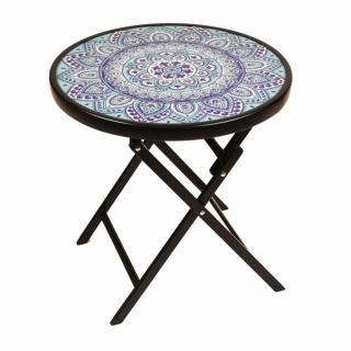 Záhradný bistro stolík, skladací, Ø 45 cm, modrý/vzorovaný