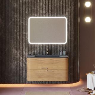KV STORE kúpeľnový nábytok HOLLYWOOD 100 cm medový dubový drevený efekt s umývadlom z liateho mramoru a zrkadlom s LED osvetlením