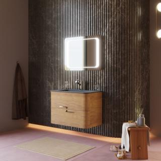 KV STORE kúpeľnový nábytok HOLLYWOOD 80 cm medový dubový drevený efekt s umývadlom z liateho mramoru a zrkadlom s LED osvetlením