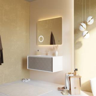 KVS STORE MIAMI 100 cm kúpeľňový nábytok biela matná +predná strana popolová so vzorom 1 x zásuvka ,keramické umývadlo,LED zrkadlo s osvetlením,hodinami, zväčovacím zrkadlom
