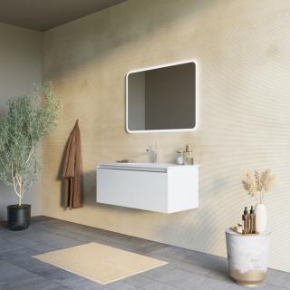 MONACO kúpeľňový nábytok 100 cm biela matná 1x zásuvka 1 x dvierka s umývadlom a zrkadlom 100x70x3 cm s LED osvetlením