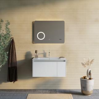 MONACO kúpeľňový nábytok 80 cm biela matná 1x zásuvka 1 x dvierka s umývadlom a zrkadlom 80x60x3 cm s dotykovým senzorom integrovaným osvetlením LED, zväčšovacím zrkadlom a digitálnymi hodinami
