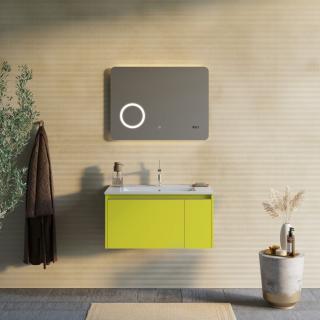 MONACO kúpeľňový nábytok 80 cm olivová zelená matná 1x zásuvka 1 x dvierka s umývadlom a zrkadlom 80x60x3 cm s dotykovým senzorom integrovaným osvetlením LED, zväčšovacím zrkadlom a digitálnymi hodinami