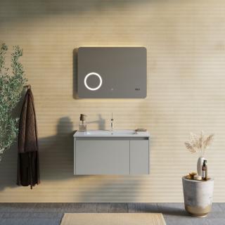 MONACO kúpeľňový nábytok 80 cm piesková matná 1x zásuvka 1 x dvierka s umývadlom a zrkadlom 80x60x3 cm s dotykovým senzorom integrovaným osvetlením LED, zväčšovacím zrkadlom a digitálnymi hodinami