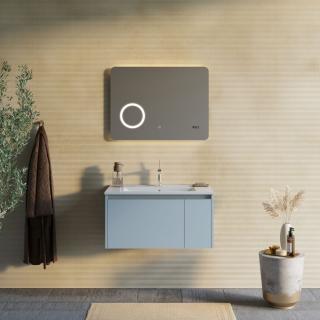MONACO kúpeľňový nábytok 80 cm svetlo modrá matná 1x zásuvka 1 x dvierka s umývadlom a zrkadlom 80x60x3 cm s dotykovým senzorom integrovaným osvetlením LED, zväčšovacím zrkadlom a digitálnymi hodinami