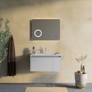 MONACO kúpeľňový nábytok 80 cm svetlo sivá matná 1x zásuvka 1 x dvierka s umývadlom a zrkadlom 80x60x3 cm s dotykovým senzorom integrovaným osvetlením LED, zväčšovacím zrkadlom a digitálnymi hodinami