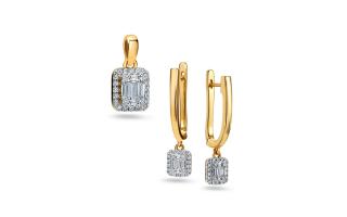 Elegantný set náušníc a prívesku s baguette diamantmi KU1478S