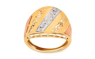 Zlatý kombinovaný prsteň s vyrezávaným vzorom a gravírom IZ24895