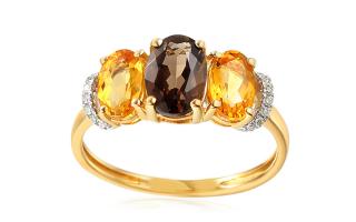 Zlatý prsteň s citrínom, dymovým quartzitom a diamantmi 0.040 ct Duana IZBR421HR