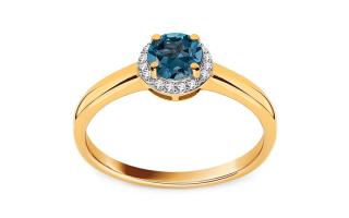 Zlatý prsteň s London Blue topásom a diamantmi Rue KU876