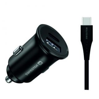 Adaptér do auta SWISSTEN 35W, 2 porty, USB-C, USB-A, kábel USB-C, Samsung Super fast charging