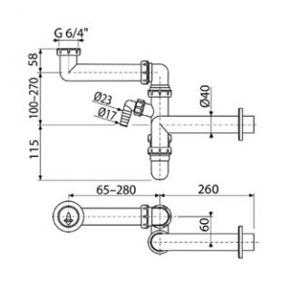 Alcadrain sifón plast drezový, 40 mm, 65-280mm, biely, sifón s prípojkou a prevlečnou maticou 6/4"