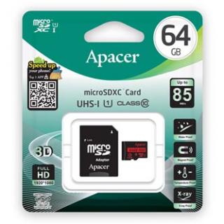 Apacer pamäťová karta Secure Digital Card V10, 64GB, micro SDXC, AP64GMCSX10U5-R, UHS-I U1 (Class 10), s adaptérom