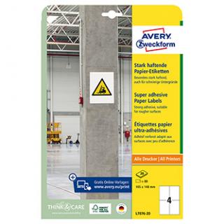 Avery Zweckform etikety 105mm x 148mm, A4, biele, 4 etikety, s vysokou lepivosťou, balené po 20 ks, L7876-20, pre laserové a atram