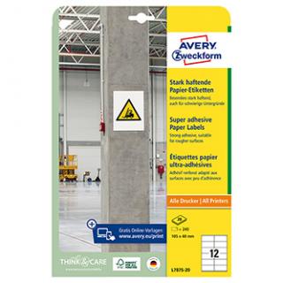 Avery Zweckform etikety 105mm x 48mm, A4, biele, 12 etikiet, s vysokou lepivosťou, balené po 20 ks, L7875-20, pre laserové a atram