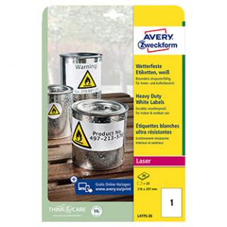 Avery Zweckform etikety 210mm x 297mm, A4, biele, 1 etiketa, veľmi odolné, balené po 20 ks, L4775-20, pre laserové tlačiarne a kop