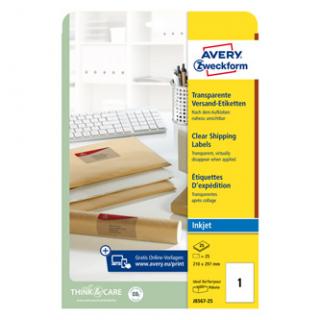 Avery Zweckform etikety 210mm x 297mm, A4, priehľadné, transparentná, 1 etiketa, na balíky, balené po 25 ks, J8567-25, pre atramen