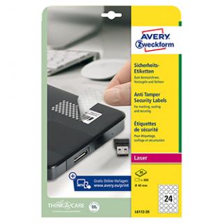 Avery Zweckform etikety 40mm, A4, matné, biele, 480 etikiet, s ochranou proti manipulácii, balené po 20 ks, L6112-20, pre laserové