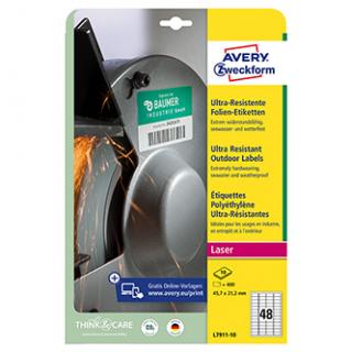 Avery Zweckform etikety 45.7mm x 21.2mm, A4, biele, 48 etikiet, veľmi odolné, balené po 10 ks, L7911-10, pre laserové tlačiarne a