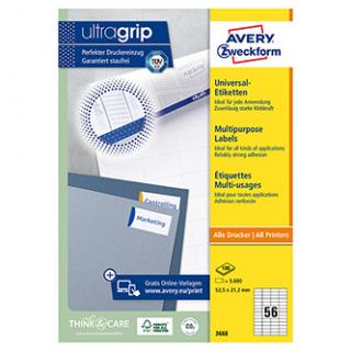 Avery Zweckform etikety 52.5 x 21.2 mm, A4, biele, 56 etikiet, balené po 100 ks, 3668, pre laserové a atramentové tlačiarne, kopír