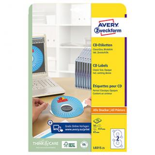 Avery Zweckform etikety na CD 117/41mm, A4, matné, biele, 2 etikety, balené po 25 ks, L6015-25, pre laserové a atramentové tlačiar