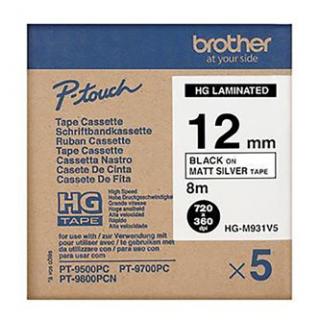 Brother originál páska do tlačiarne štítkov, Brother, HGE-M931, čierny tlač/strieborný matný podklad, 8m, 12mm, 5 ks v balení, cen