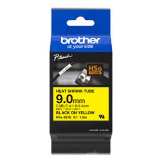 Brother originál páska do tlačiarne štítkov, Brother, HSE-621E, čierny tlač/žltý podklad, 1.5m, 9mm