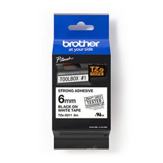Brother originál páska do tlačiarne štítkov, Brother, TZE-S211, čierny tlač/biely podklad, laminovaná, 8m, 6mm, extrémne adhezívna