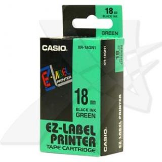 Casio originál páska do tlačiarne štítkov, Casio, XR-18GN1, čierny tlač/zelený podklad, nelaminovaná, 8m, 18mm