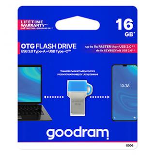 Goodram USB flash disk OTG, USB 3.0, 16GB, ODD3, modrý, ODD3-0160B0R11, USB A / USB C, s krytkou