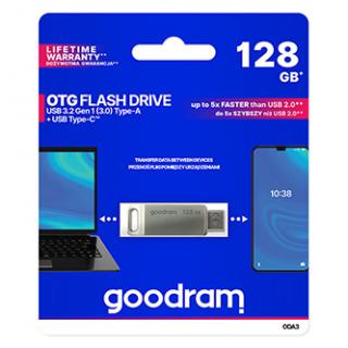 Goodram USB flash disk, USB 3.0, 128GB, ODA3, strieborný, ODA3-1280S0R11, USB A / USB C, s otočnou krytkou