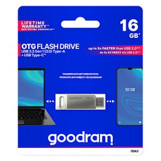 Goodram USB flash disk, USB 3.0, 16GB, ODA3, strieborný, ODA3-0160S0R11, USB A / USB C, s otočnou krytkou
