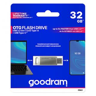 Goodram USB flash disk, USB 3.0, 32GB, ODA3, strieborný, ODA3-0320S0R11, USB A / USB C, s otočnou krytkou
