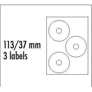 Logo etikety na CD 113/37mm, A4, matné, biele, 3 etikety, 140g/m2, balené po 25 ks, pre atramentové a laserové tlačiarne