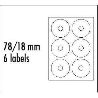Logo etikety na CD 78/18mm, A4, matné, biele, 6 etikiet, 140g/m2, balené po 10 ks, pre atramentové a laserové tlačiarne