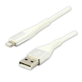 Logo USB kábel (2.0), USB A samec - Apple Lightning samec, 1m, MFi certifikácia, 5V/2,4A, biely, box, nylónové opletenie, hliníkov