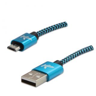 Logo USB kábel (2.0), USB A samec - microUSB samec, 1m, 480 Mb/s, 5V/2A, modrý, box, nylónové opletenie, hliníkový kryt konektora