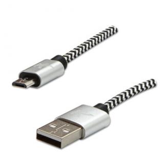 Logo USB kábel (2.0), USB A samec - microUSB samec, 1m, 480 Mb/s, 5V/2A, strieborný, box, nylónové opletenie, hliníkový kryt konek