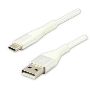 Logo USB kábel (2.0), USB A samec - USB C samec, 1m, 480 Mb/s, 5V/3A, biely, box, nylónové opletenie, hliníkový kryt konektora