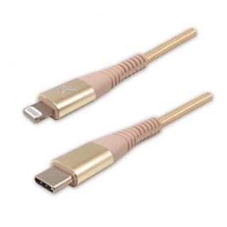 Logo USB kábel (2.0), USB C samec - Apple Lightning samec, 1m, MFi certifikácia, 5V/3A, zlatý, box, nylónové opletenie, hliníkový