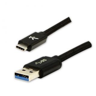 Logo USB kábel (3.2 gen 1), USB A samec - USB C samec, 1m, 5 Gb/s, 5V/3A, čierny, box, nylónové opletenie, hliníkový kryt konektor