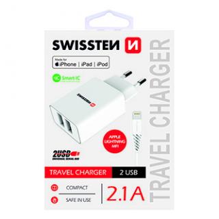 SWISSTEN Sieťový adaptér 10W, 2 porty, USB-A, kábel Lightning Mfi, Smart IC