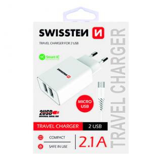 SWISSTEN Sieťový adaptér 10W, 2 porty, USB-A, kábel microUSB, Smart IC