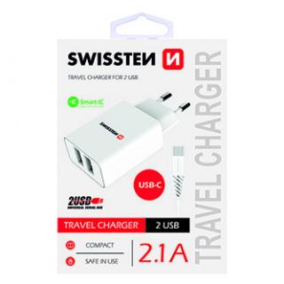 SWISSTEN Sieťový adaptér 10W, 2 porty, USB-A, kábel USB-C, Smart IC