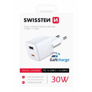 SWISSTEN Sieťový adaptér 30W, 2 porty, USB-C, USB-A, GaN rýchlo nabíjanie