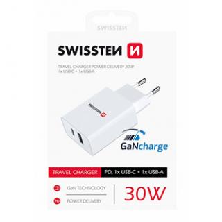 SWISSTEN Sieťový adaptér 30W, 2 porty, USB-C, USB-A, GaN rýchlo nabíjanie