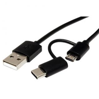 USB kábel (2.0), USB A samec - microUSB samec + USB C samec, 1m, guľatý, čierny, plastic bag, s redukciou na USB C