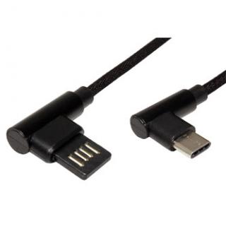 USB kábel (2.0), USB A samec - USB C samec, 0.8m, guľatý, čierny, plastic bag, lomené konektory 90°