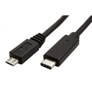 USB kábel (2.0), USB C samec - microUSB samec, 1m, guľatý, čierny, plastic bag