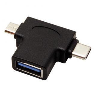 USB redukcia, (2.0), USB A samica - microUSB samec + USB C samec, čierna, plastic bag OTG
